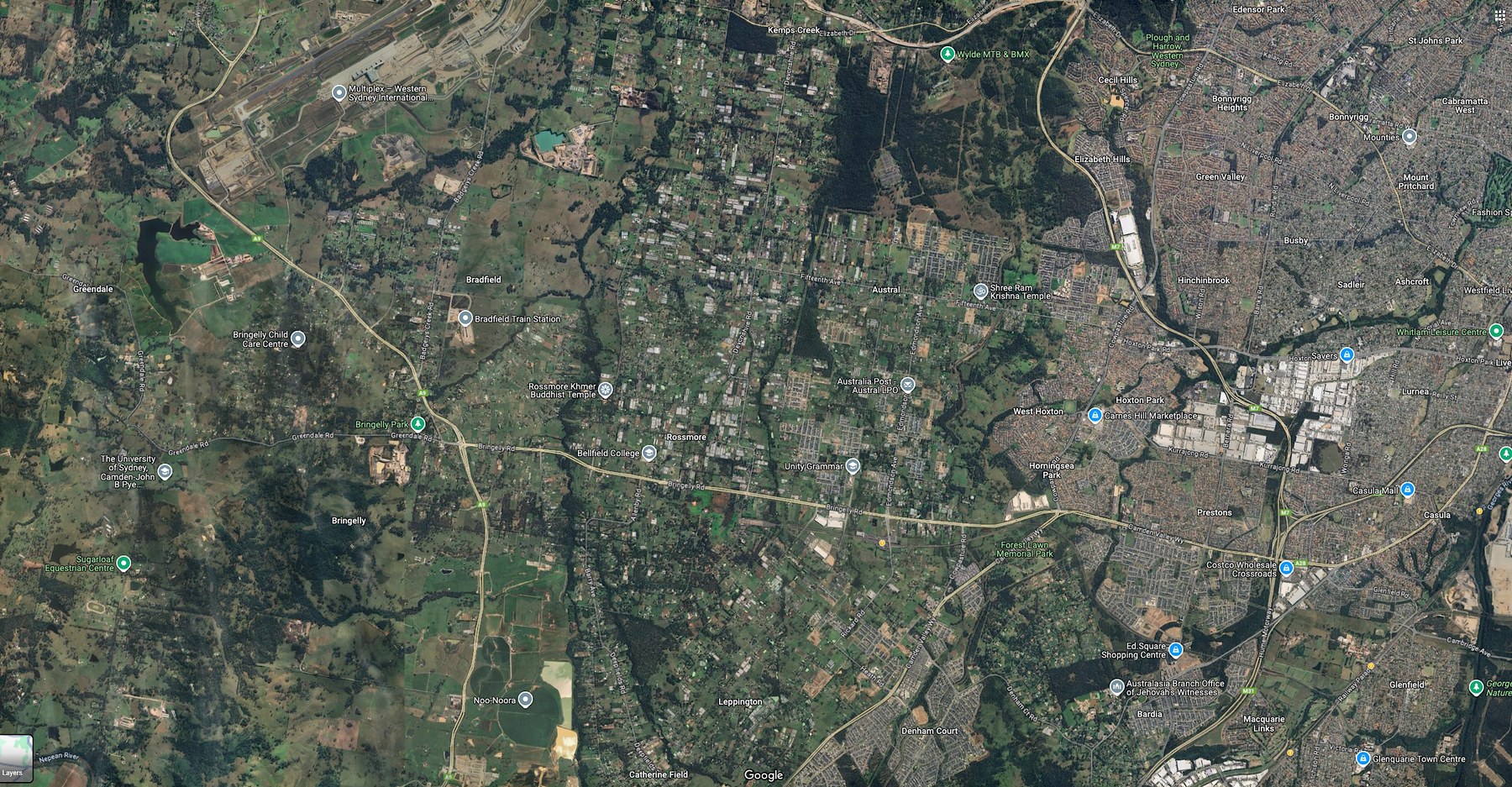 Satellite-style map showing Leppington, Bradfield City, Bringelly, Rossmore, Austral and project site context